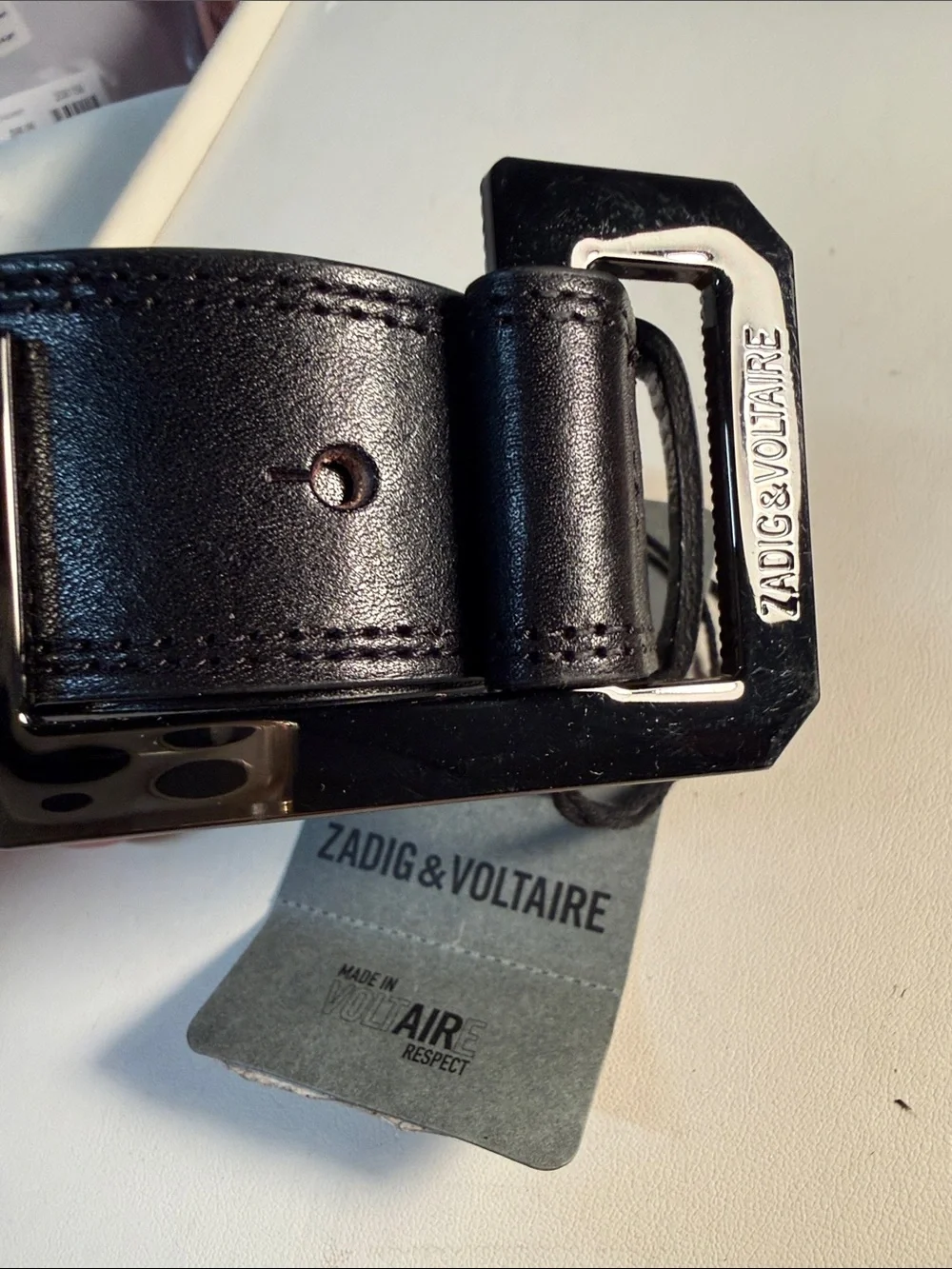 Zadig & Voltaire Black Leather Belt with Gunmetal Branded Buckle